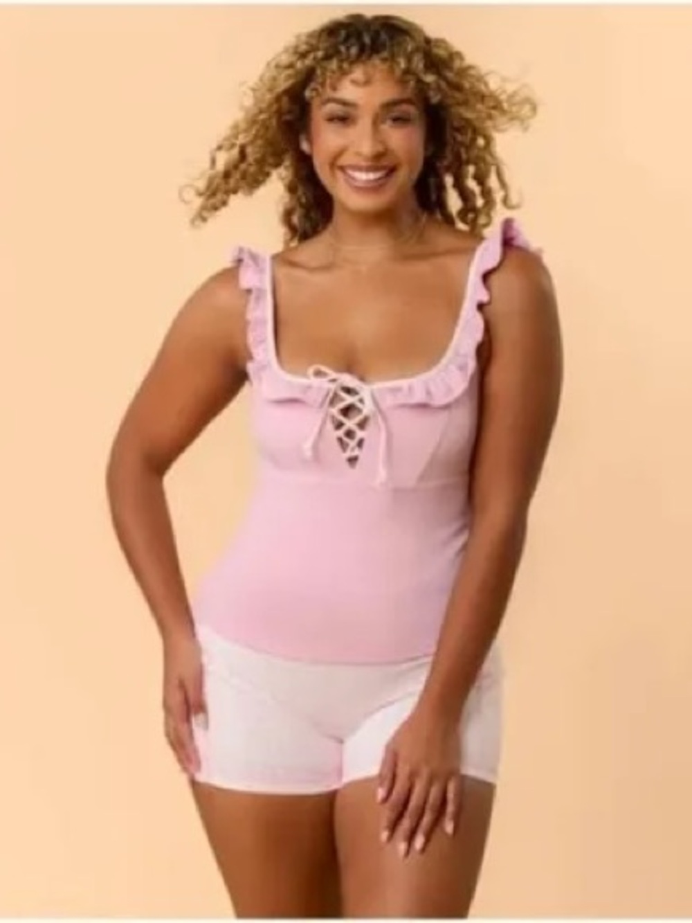 Blogilates Ruffle Lace Up Pink Tank Top - Picture 2 of 7